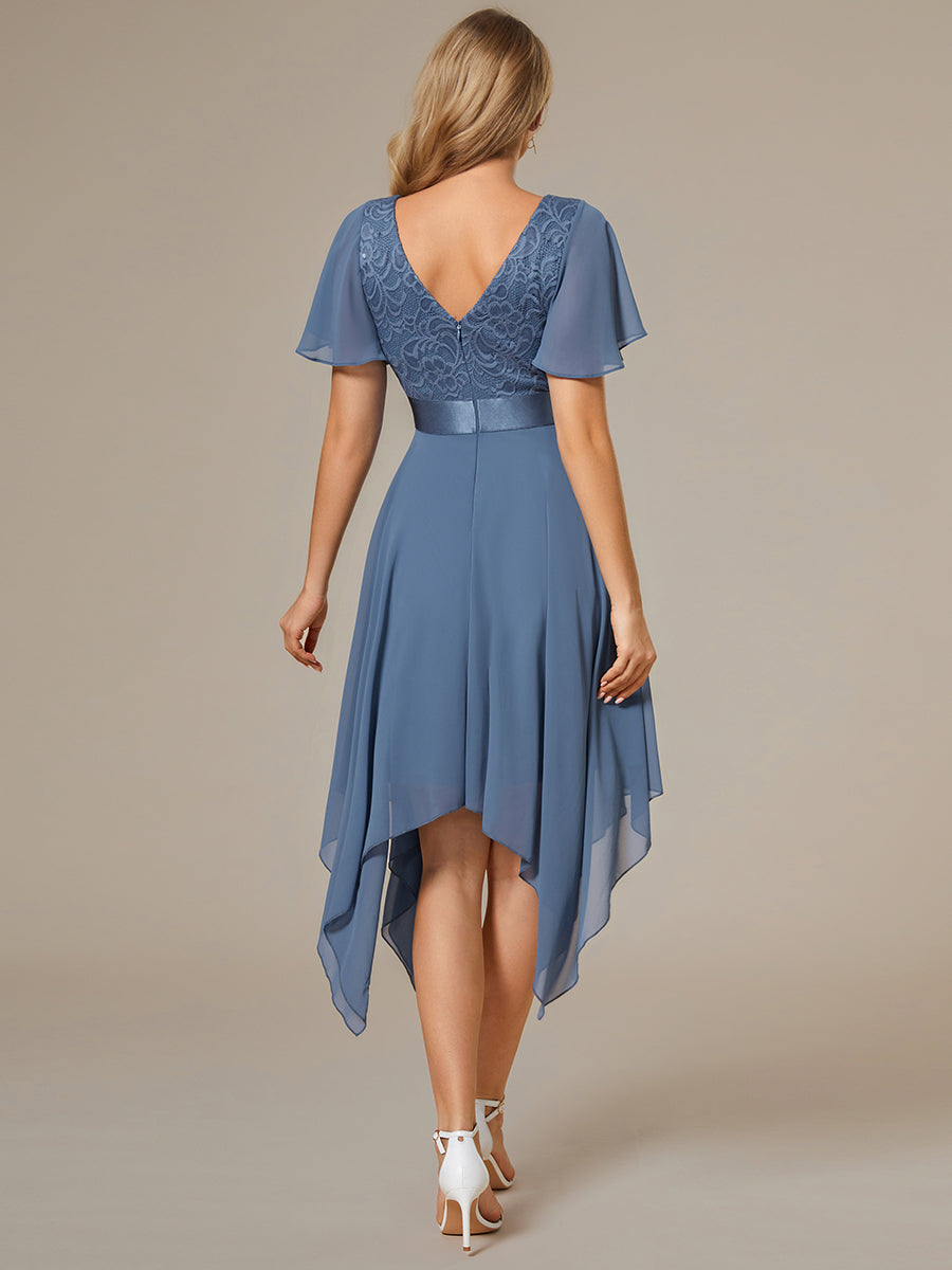 Color=Dusty Blue | Deep V Neck Chiffon Wholesale Evening Gown With Short Sleeves-Dusty Blue 2