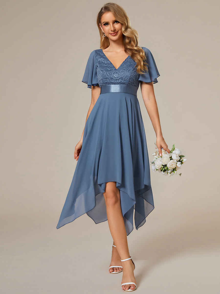 Color=Dusty Blue | Deep V Neck Chiffon Wholesale Evening Gown With Short Sleeves-Dusty Blue 3