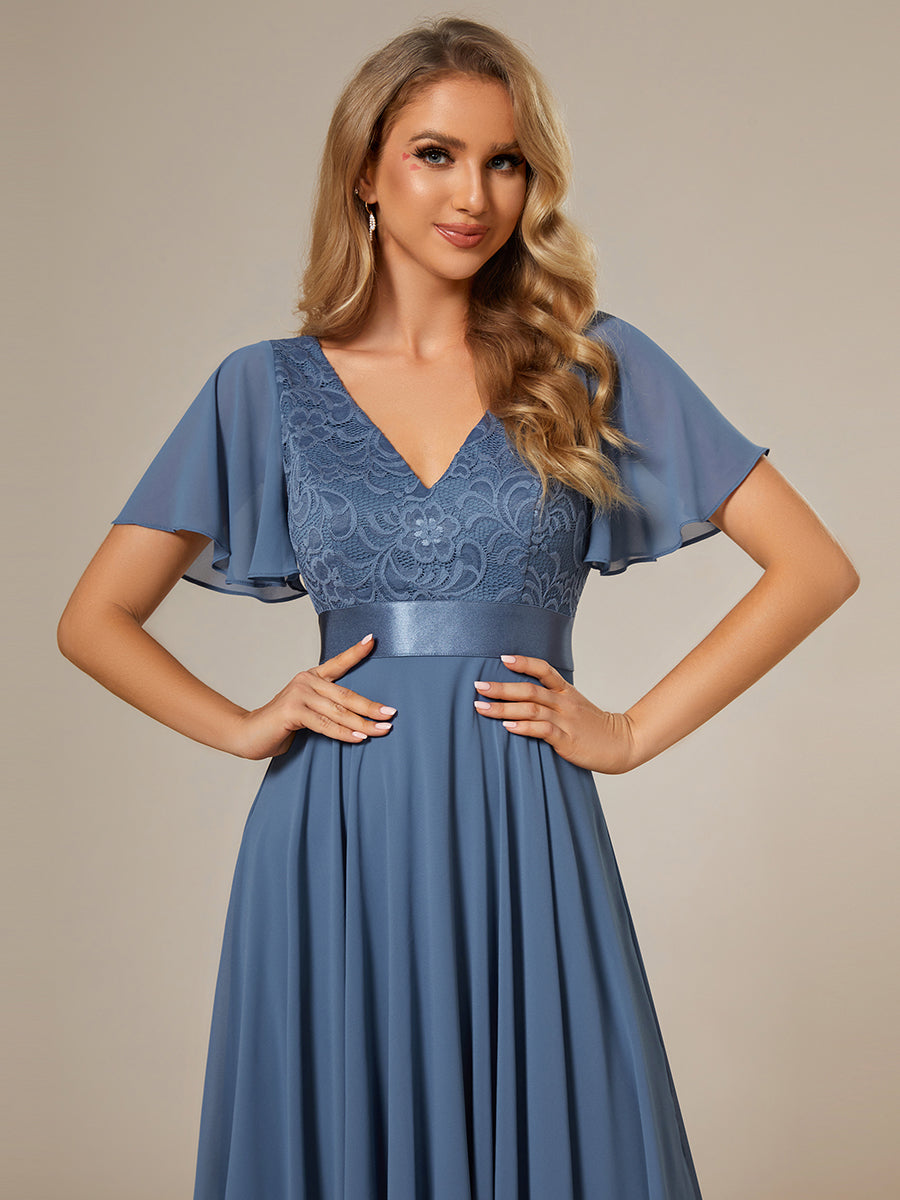 Color=Dusty Blue | Deep V Neck Chiffon Wholesale Evening Gown With Short Sleeves-Dusty Blue 5