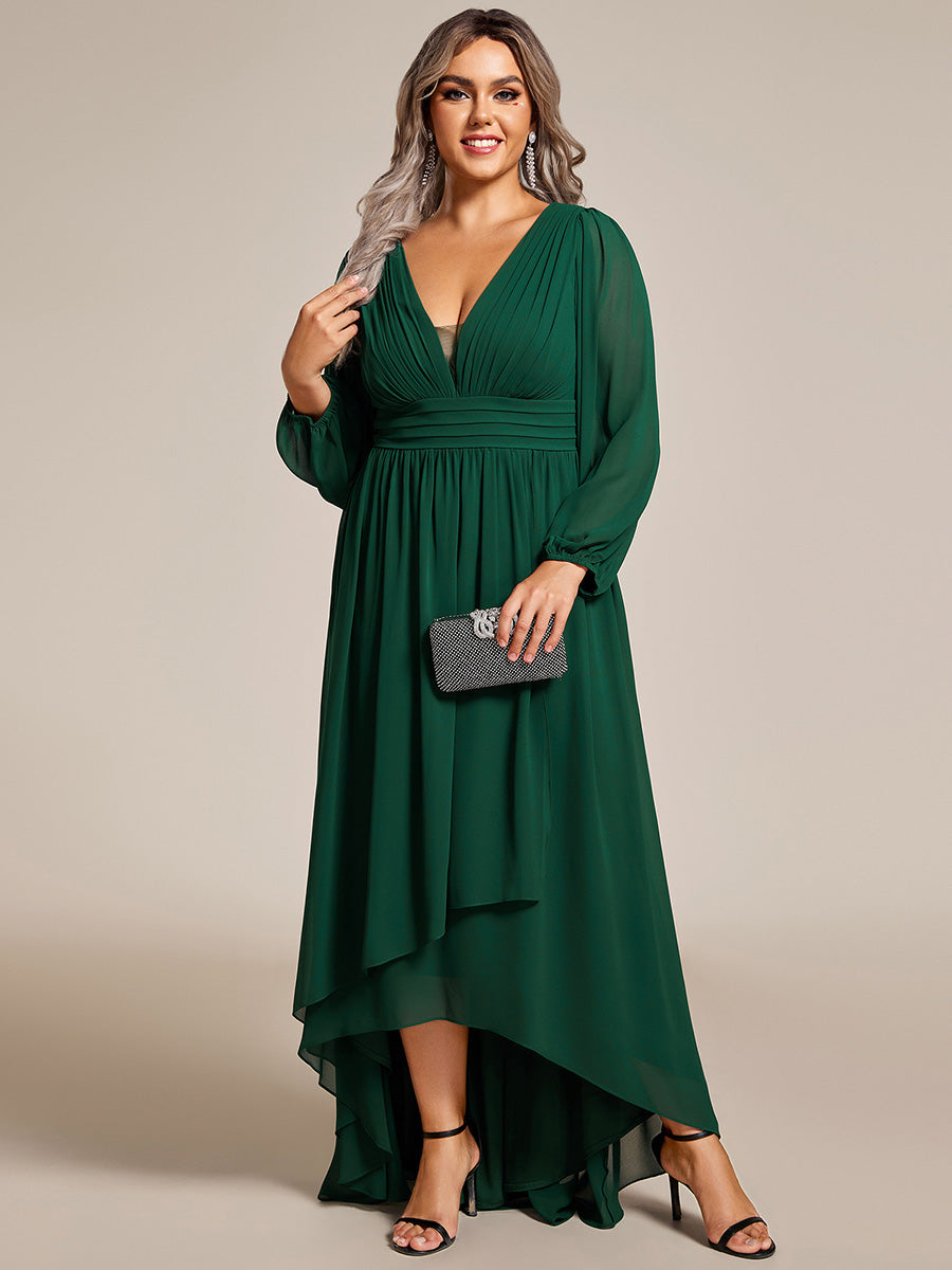 Color=Dark Green | Plus Maxi Long Chiffon Wholesale Evening Dresses With Long Sleeves-Dark Green 2