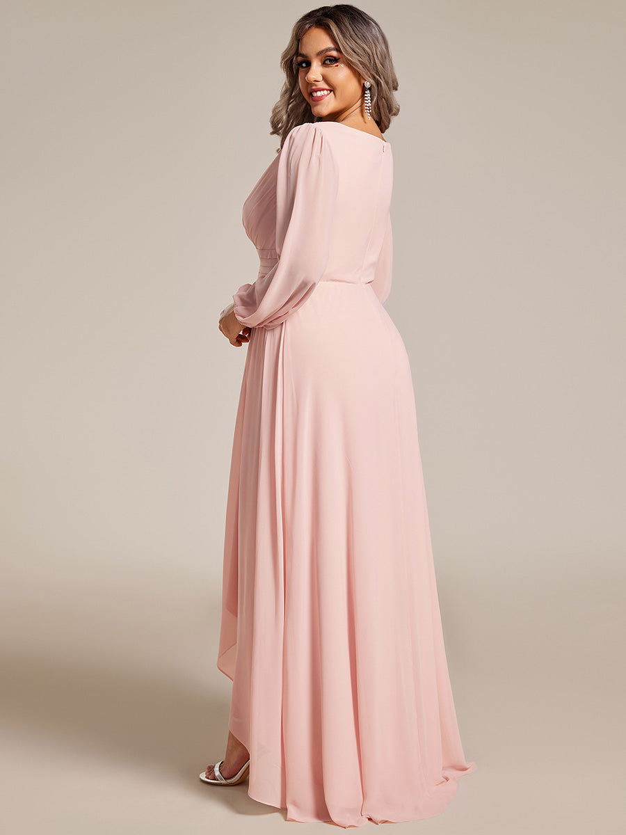 Color=Pink | Plus Maxi Long Chiffon Wholesale Evening Dresses With Long Sleeves-Pink 1