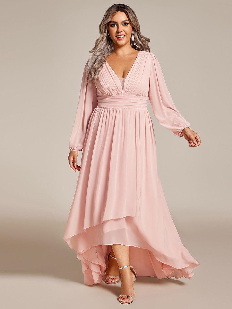 Color=Pink | Plus Maxi Long Chiffon Wholesale Evening Dresses With Long Sleeves-Pink 1