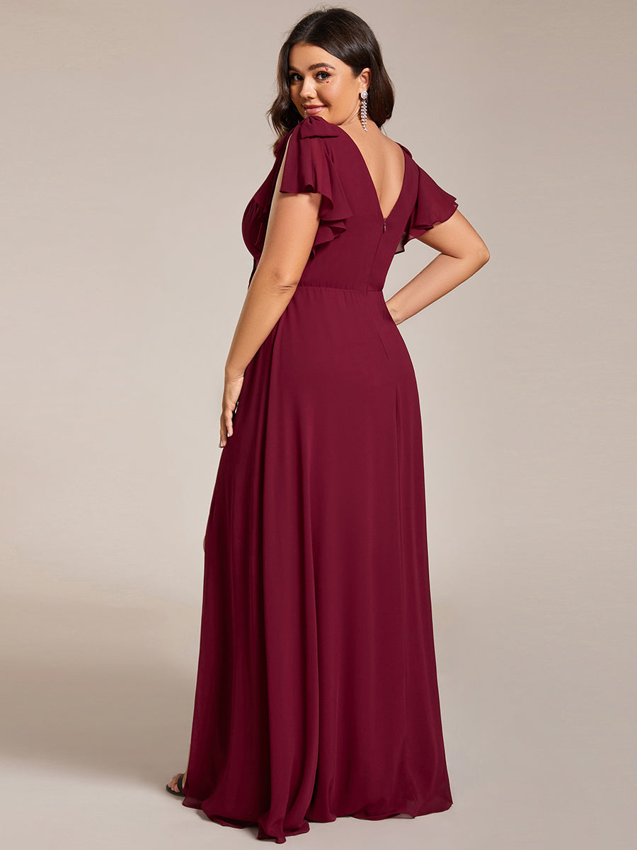 Color=Burgundy | Plus Split Ruffles Sleeves with Bowknot V-neck Chiffon Bridesmaid Dress-Burgundy