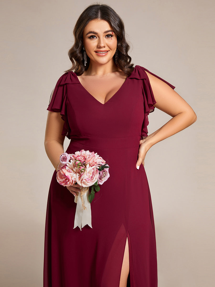 Color=Burgundy | Plus Split Ruffles Sleeves with Bowknot V-neck Chiffon Bridesmaid Dress-Burgundy