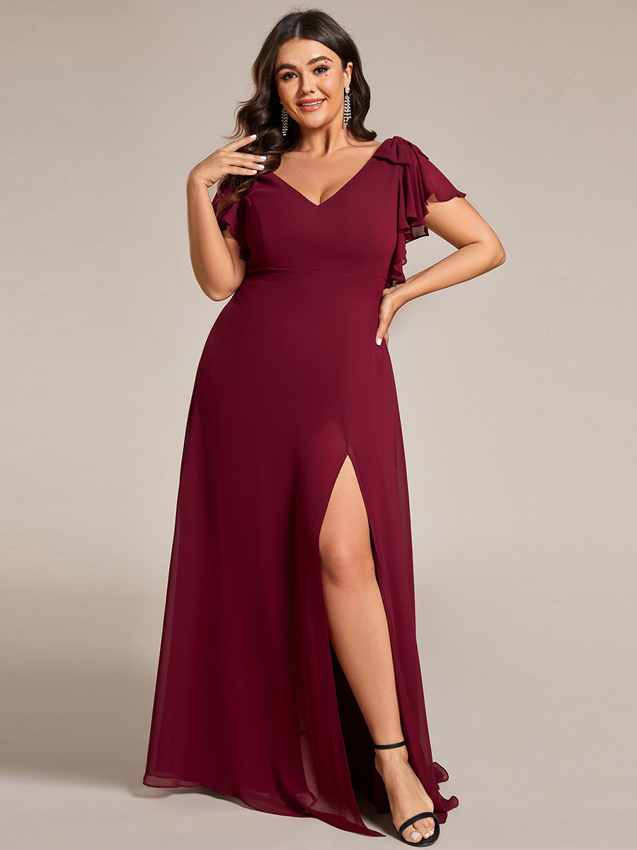 Color=Burgundy | Plus Split Ruffles Sleeves with Bowknot V-neck Chiffon Bridesmaid Dress-Burgundy