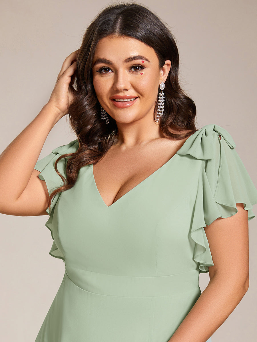 Color=Mint Green | Plus Split Ruffles Sleeves with Bowknot V-neck Chiffon Bridesmaid Dress-Mint Green