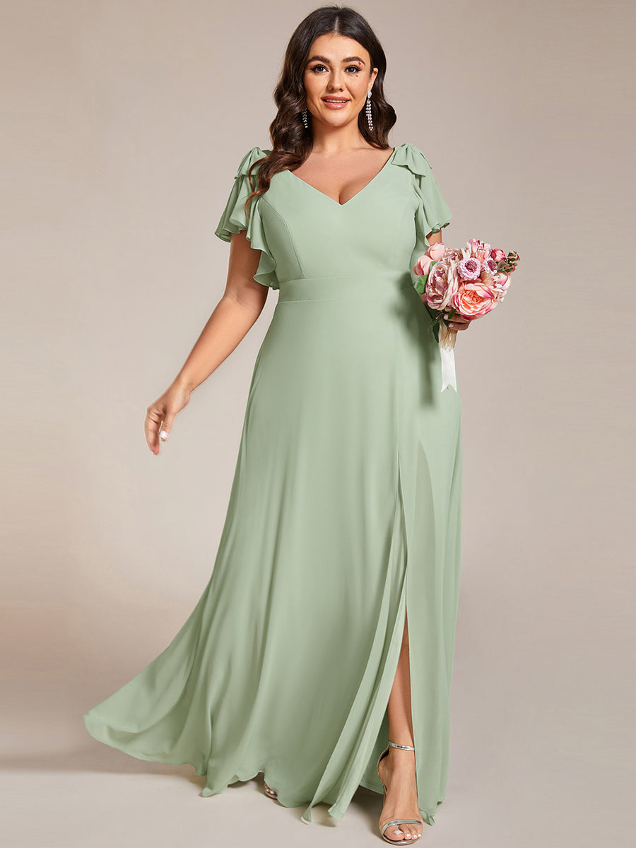 Color=Mint Green | Plus Split Ruffles Sleeves with Bowknot V-neck Chiffon Bridesmaid Dress-Mint Green