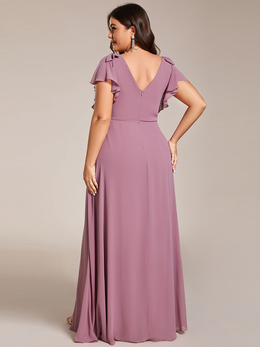 Color=Orchid | Plus Split Ruffles Sleeves with Bowknot V-neck Chiffon Bridesmaid Dress-Orchid