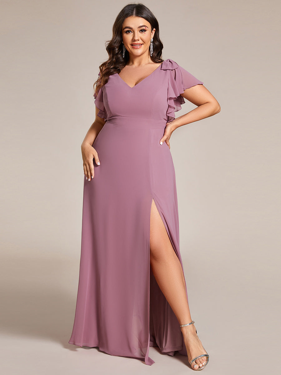 Color=Orchid | Plus Split Ruffles Sleeves with Bowknot V-neck Chiffon Bridesmaid Dress-Orchid