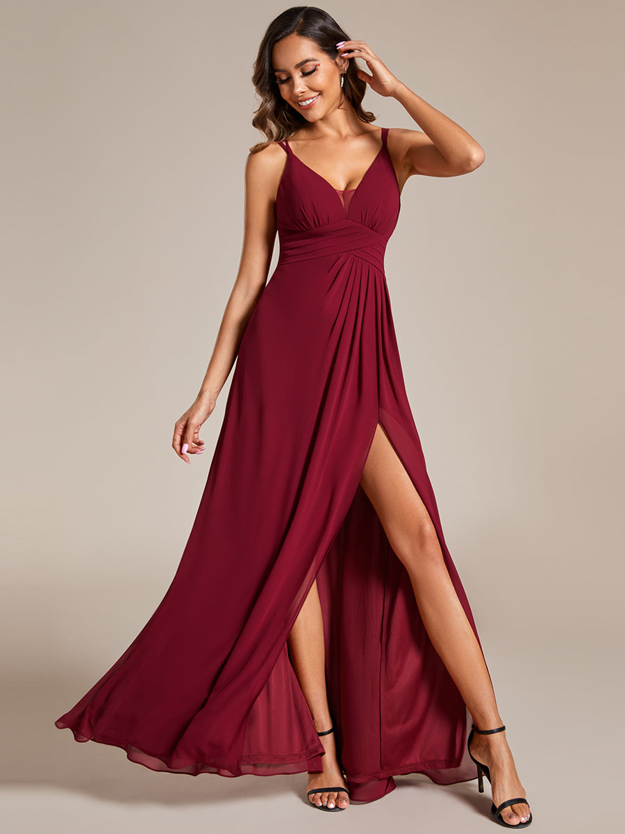 Color=Burgundy | Plunging Neck Split Spaghetti Strap Back X-Cross Bridesmaid Dress-Burgundy 5