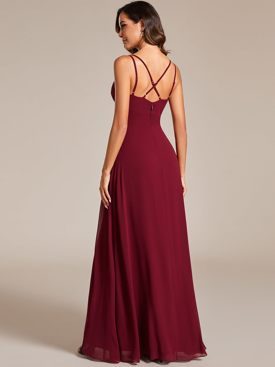 Color=Burgundy | Plunging Neck Split Spaghetti Strap Back X-Cross Bridesmaid Dress-Burgundy 3