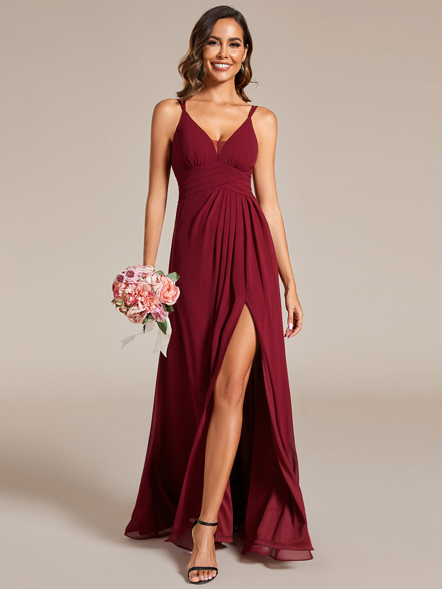 Color=Burgundy | Plunging Neck Split Spaghetti Strap Back X-Cross Bridesmaid Dress-Burgundy 4