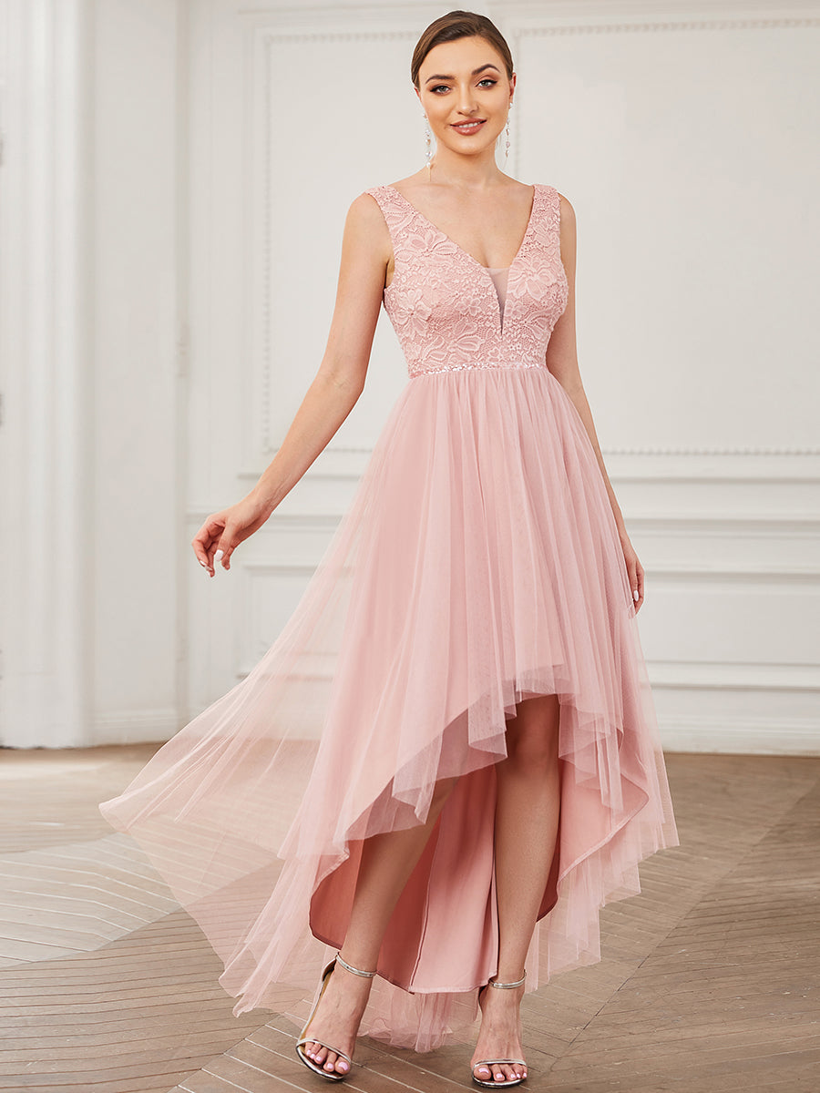 Color=Pink | Sleeveless Asymmetrical Hem Wholesale Bridesmaid Dresses with V Neck-Pink 1