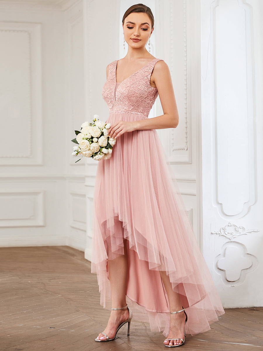 Color=Pink | Sleeveless Asymmetrical Hem Wholesale Bridesmaid Dresses with V Neck-Pink 3