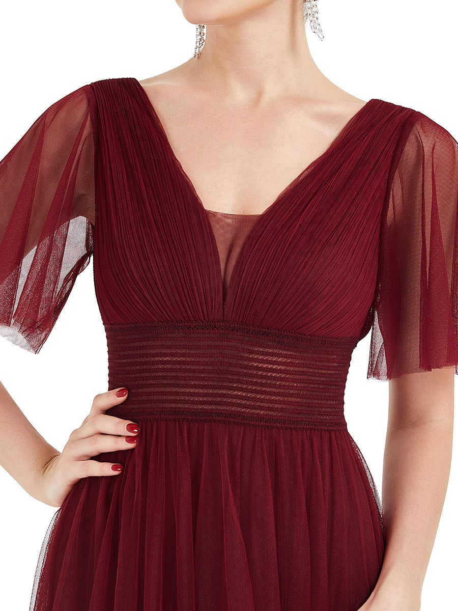 Color=Burgundy | Deep V-Neck Short Ruffles Sleeves A Line Wholesale Bridesmaid Dresses-Burgundy 5