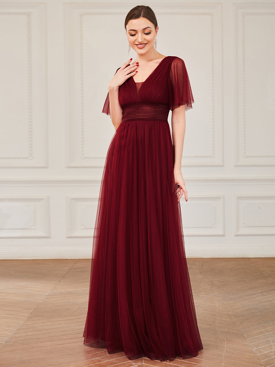 Color=Burgundy | Deep V-Neck Short Ruffles Sleeves A Line Wholesale Bridesmaid Dresses-Burgundy 4