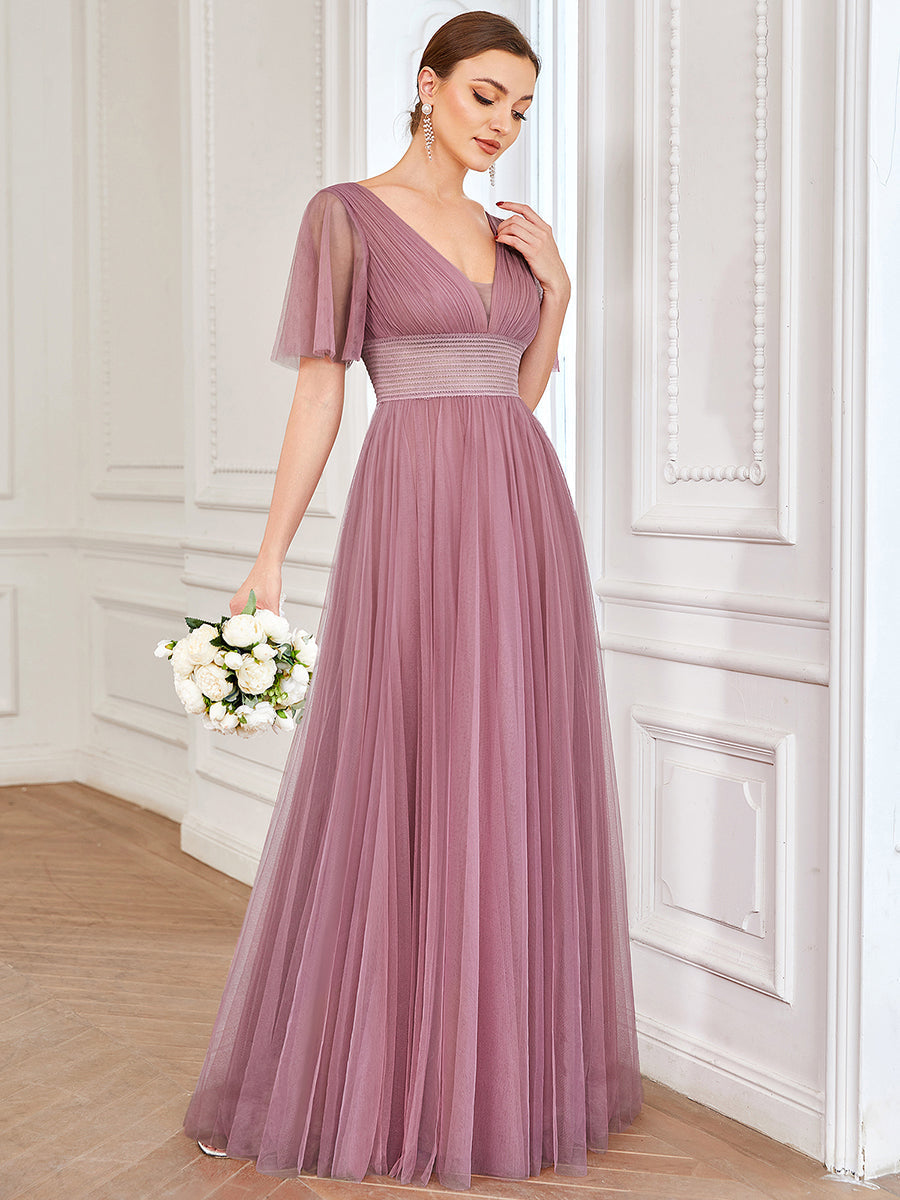 Color=Orchid | Deep V-Neck Short Ruffles Sleeves A Line Wholesale Bridesmaid Dresses-Orchid 3