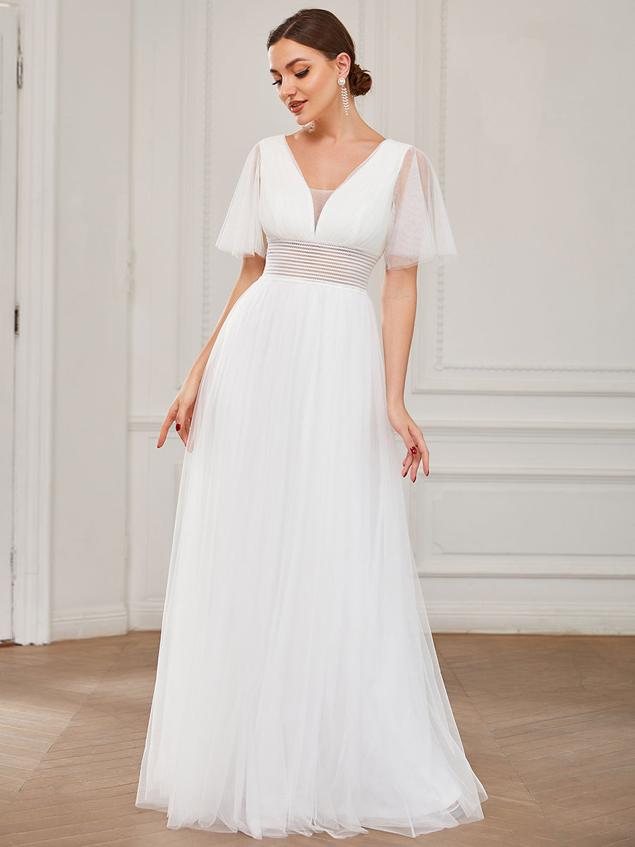 Color=White | Deep V-Neck Short Ruffles Sleeves A Line Wholesale Bridesmaid Dresses-White 4