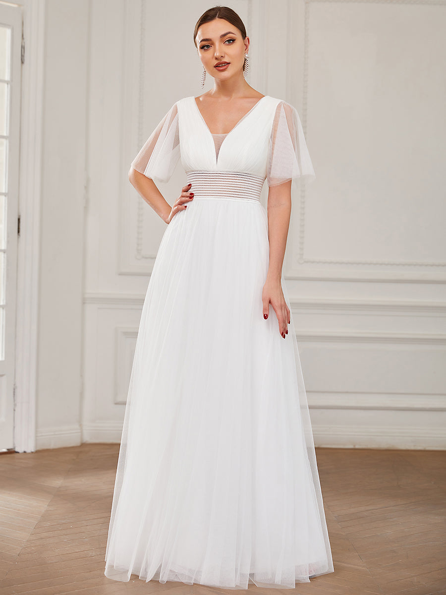 Color=White | Deep V-Neck Short Ruffles Sleeves A Line Wholesale Bridesmaid Dresses-White 1