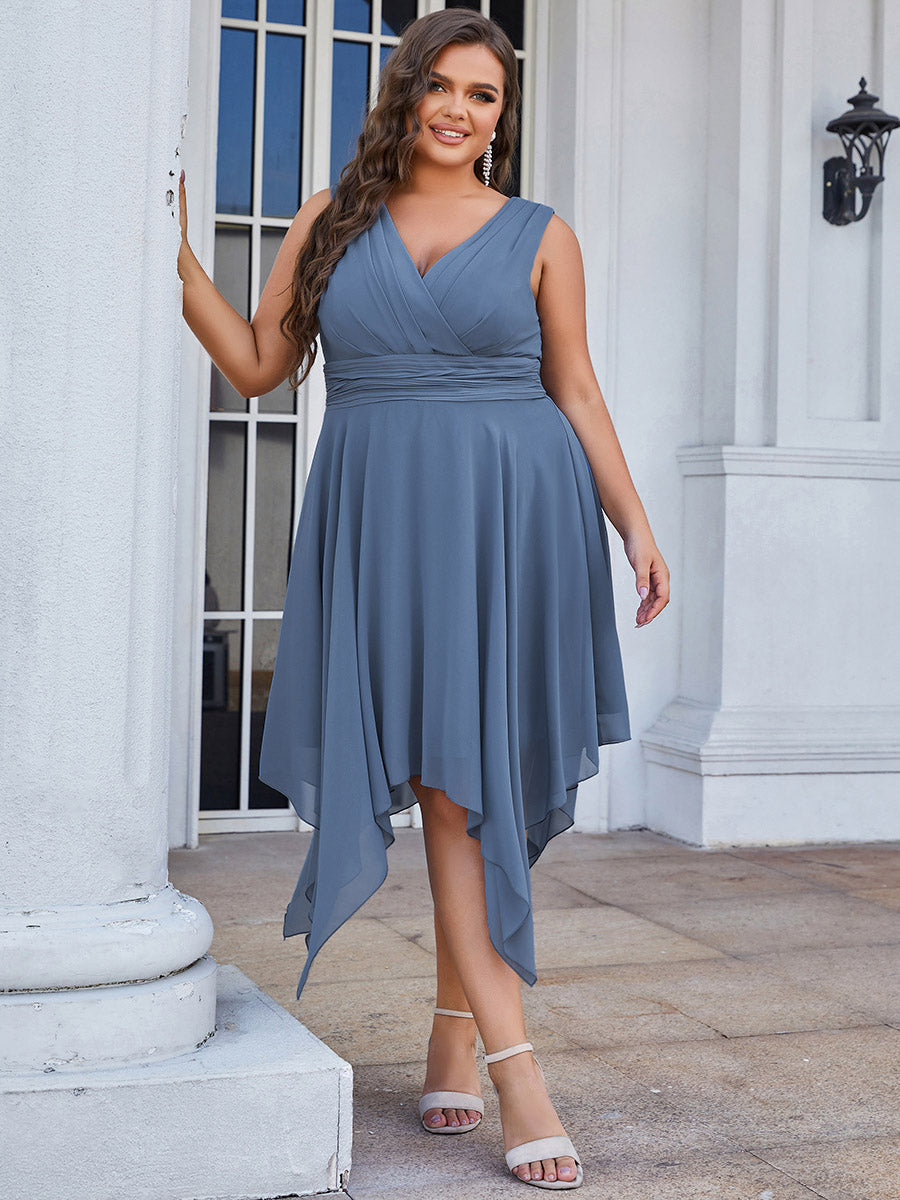 Color=Dusty Blue | Pretty Wholesale Knee Length Chiffon Bridesmaid Dress With Irregular Hem-Dusty Blue 3