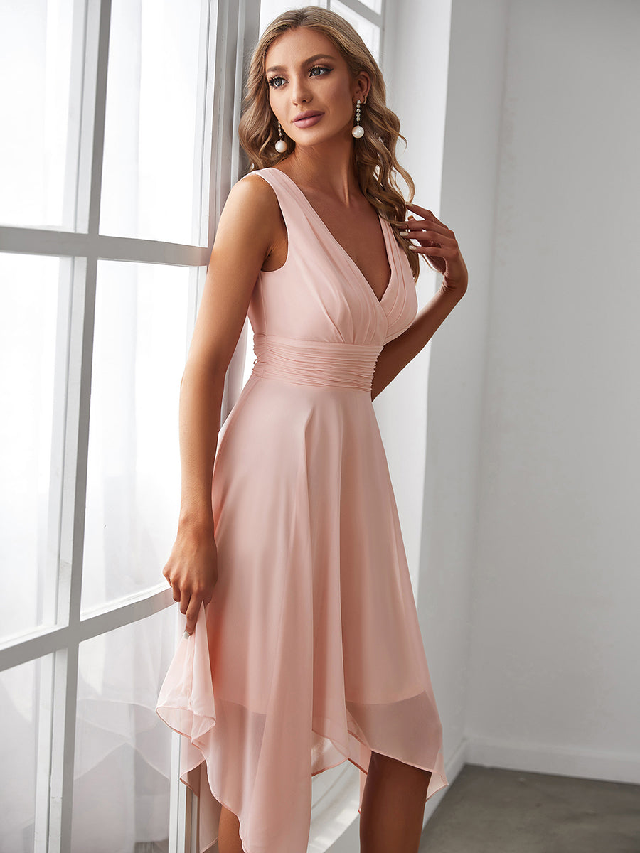 Color=Pink | Sleeveless V Neck Mini Wholesale Chiffon Bridesmaid Dress-Pink 3