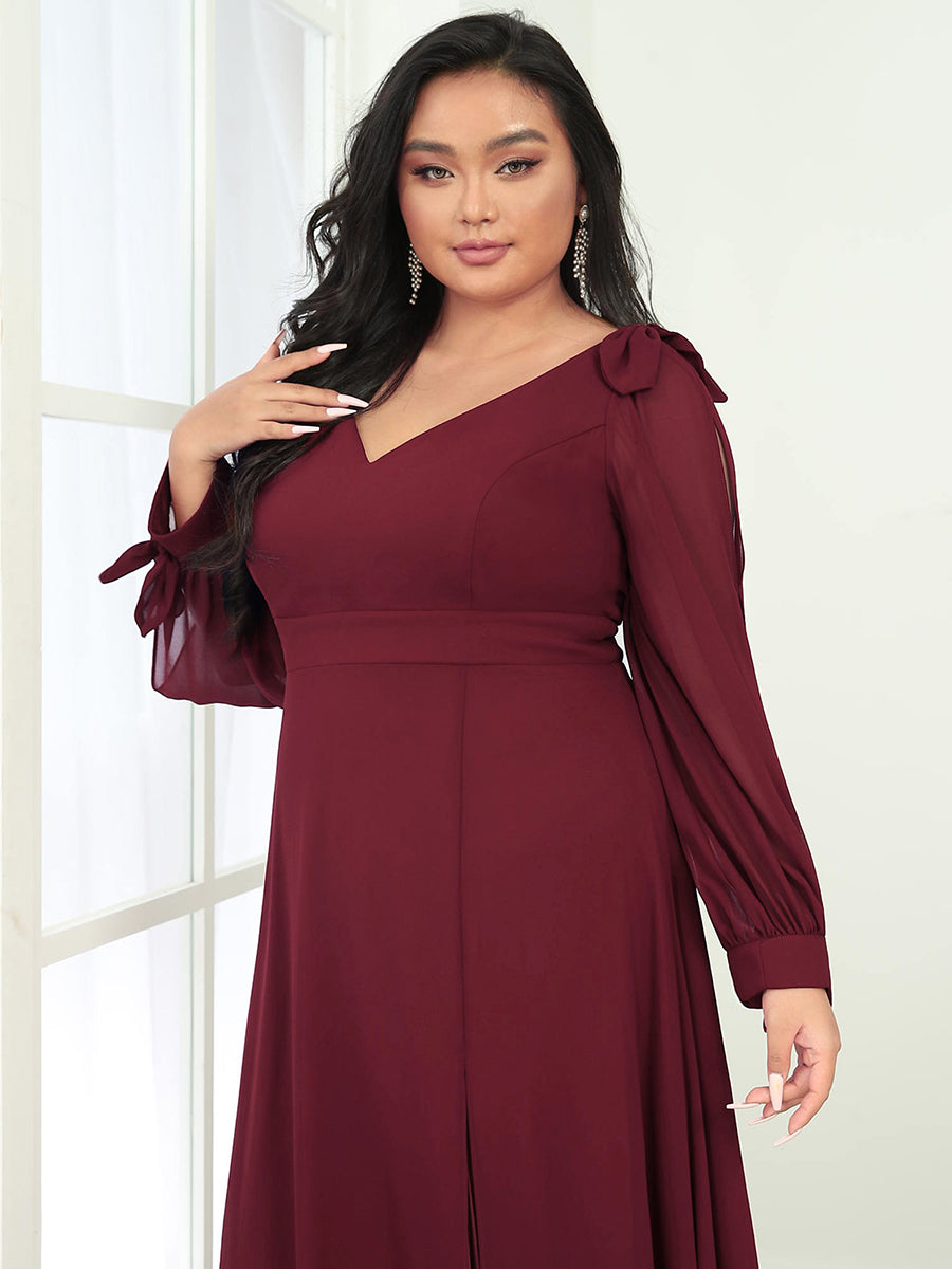 Color=Burgundy | Long Lantern Sleeves A Line V Neck Wholesale Bridesmaid Dresses-Burgundy 5
