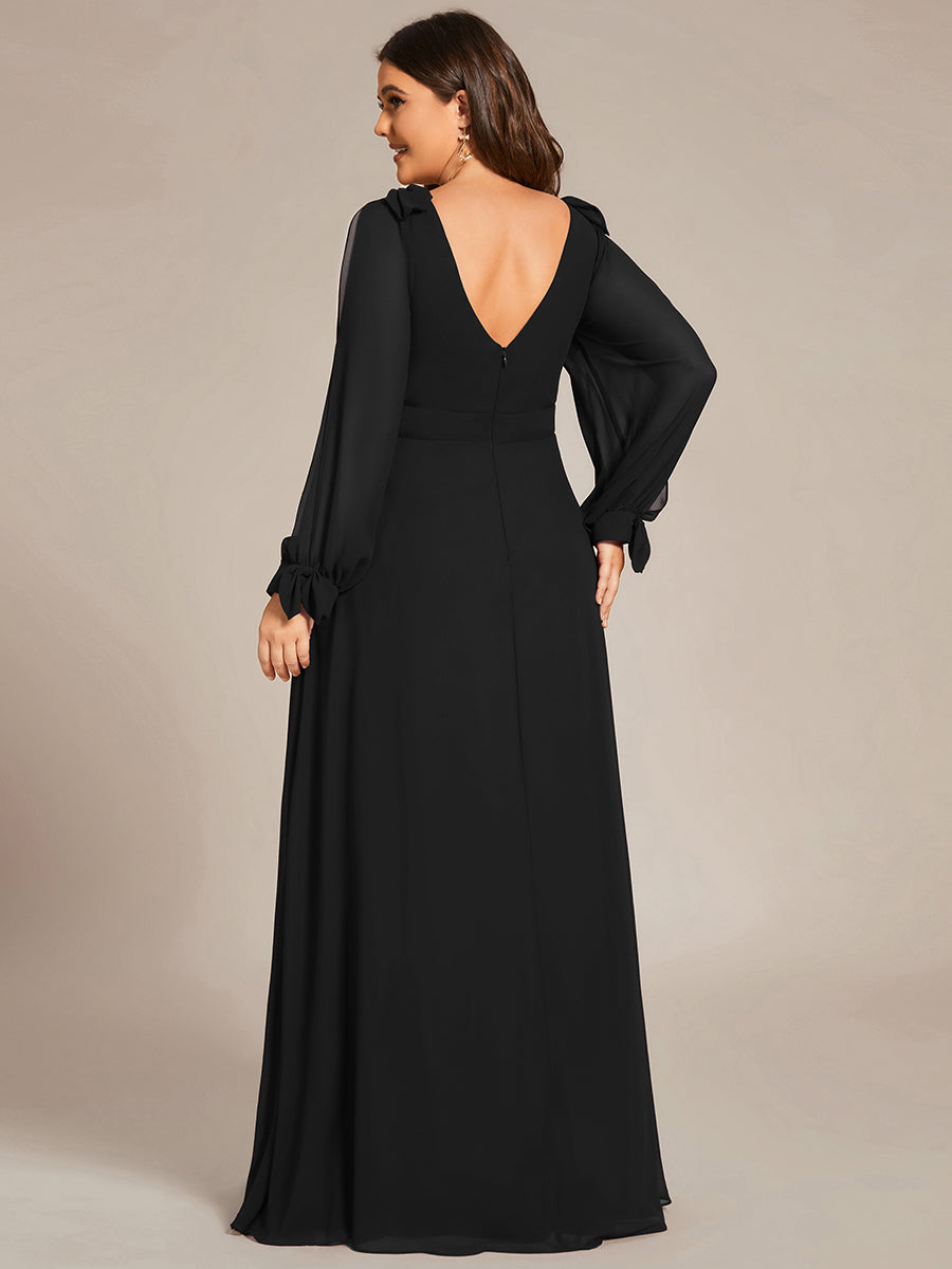 Color=Black | Long Lantern Sleeves A Line V Neck Wholesale Bridesmaid Dresses-Black 2