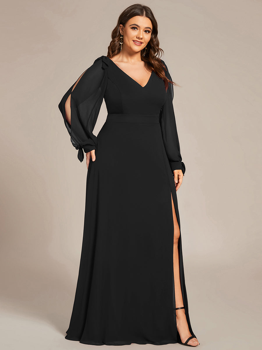 Color=Black | Long Lantern Sleeves A Line V Neck Wholesale Bridesmaid Dresses-Black 4
