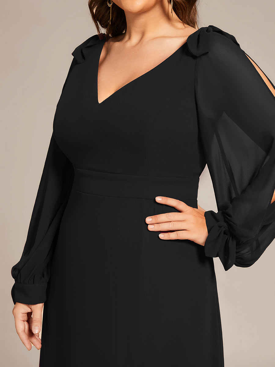 Color=Black | Long Lantern Sleeves A Line V Neck Wholesale Bridesmaid Dresses-Black 5