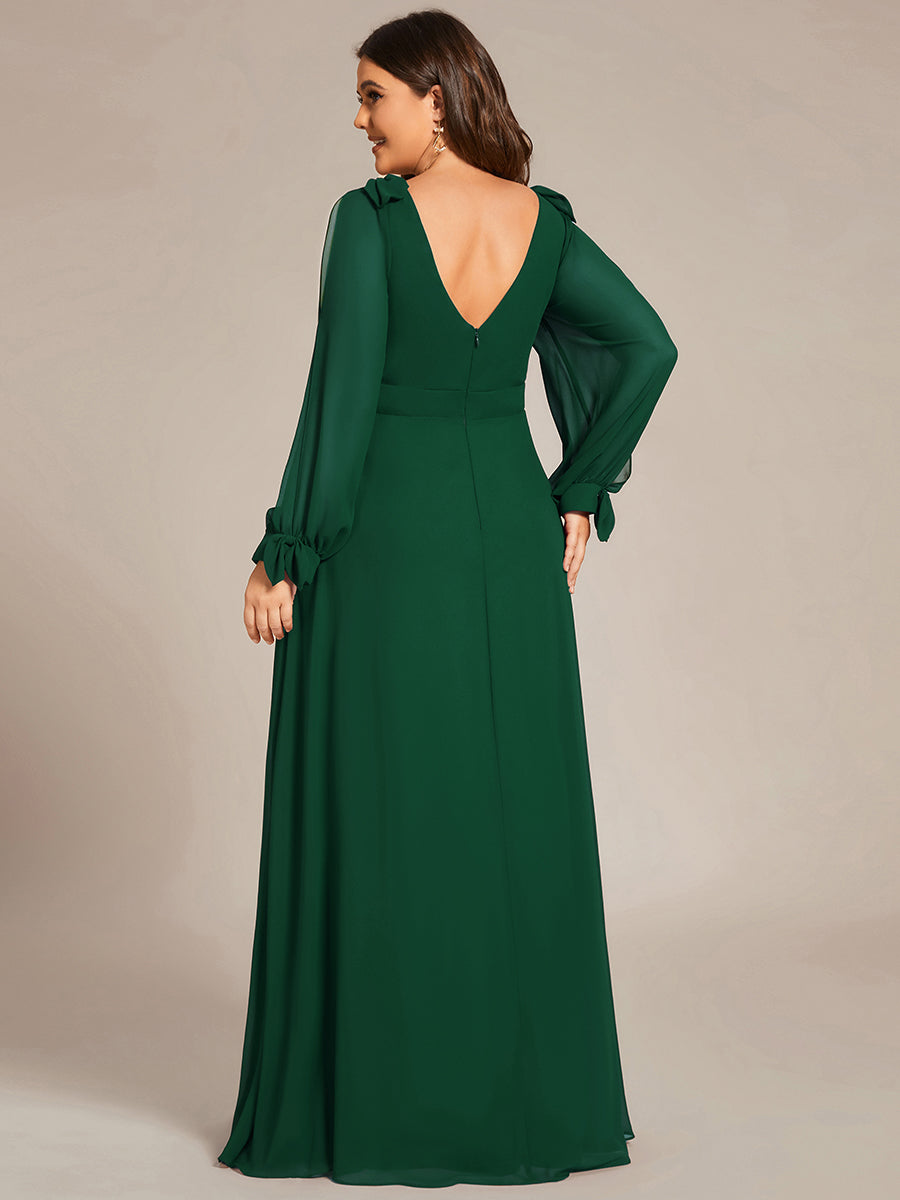 Color=Dark Green | Long Lantern Sleeves A Line V Neck Wholesale Bridesmaid Dresses-Dark Green 3