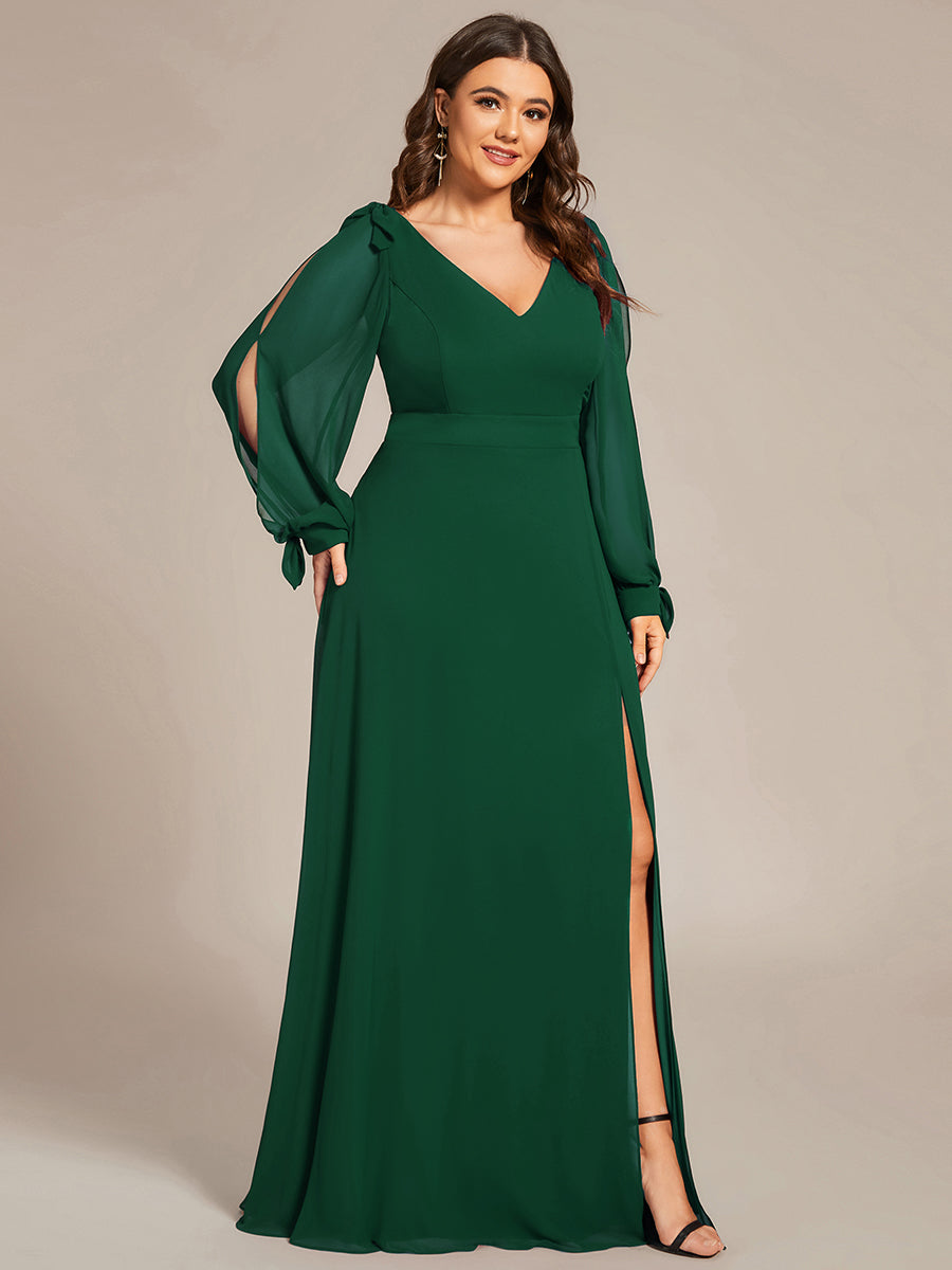 Color=Dark Green | Long Lantern Sleeves A Line V Neck Wholesale Bridesmaid Dresses-Dark Green 1