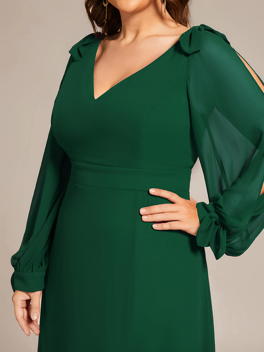 Color=Dark Green | Long Lantern Sleeves A Line V Neck Wholesale Bridesmaid Dresses-Dark Green 2