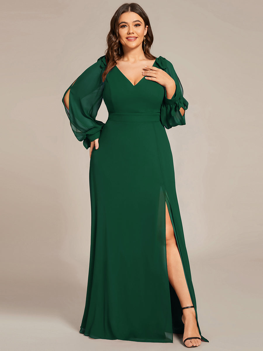 Color=Dark Green | Long Lantern Sleeves A Line V Neck Wholesale Bridesmaid Dresses-Dark Green 5