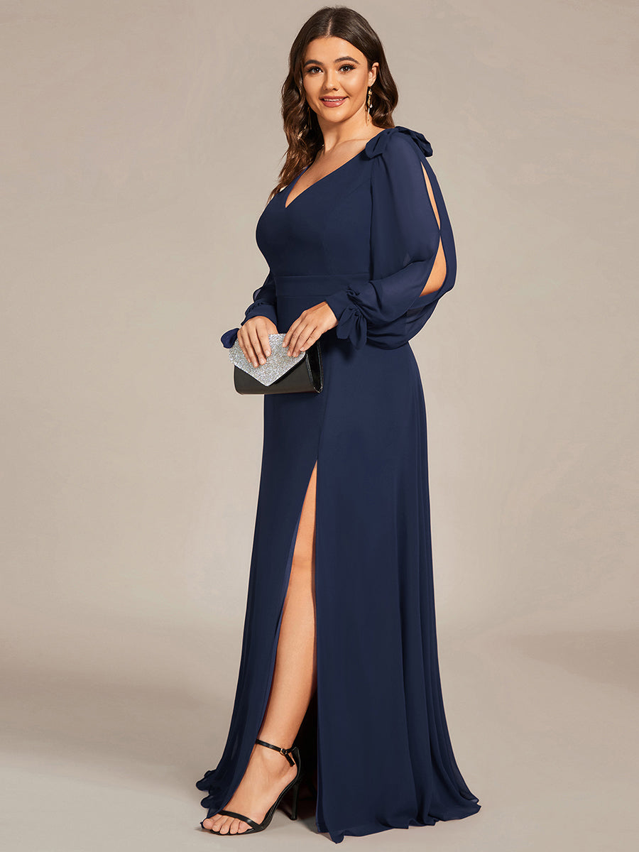 Color=Navy Blue | Long Lantern Sleeves A Line V Neck Wholesale Bridesmaid Dresses-Navy Blue 1