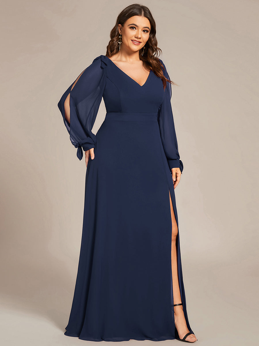 Color=Navy Blue | Long Lantern Sleeves A Line V Neck Wholesale Bridesmaid Dresses-Navy Blue 2