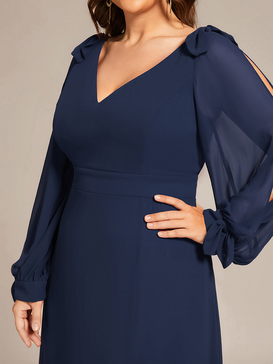 Color=Navy Blue | Long Lantern Sleeves A Line V Neck Wholesale Bridesmaid Dresses-Navy Blue 5