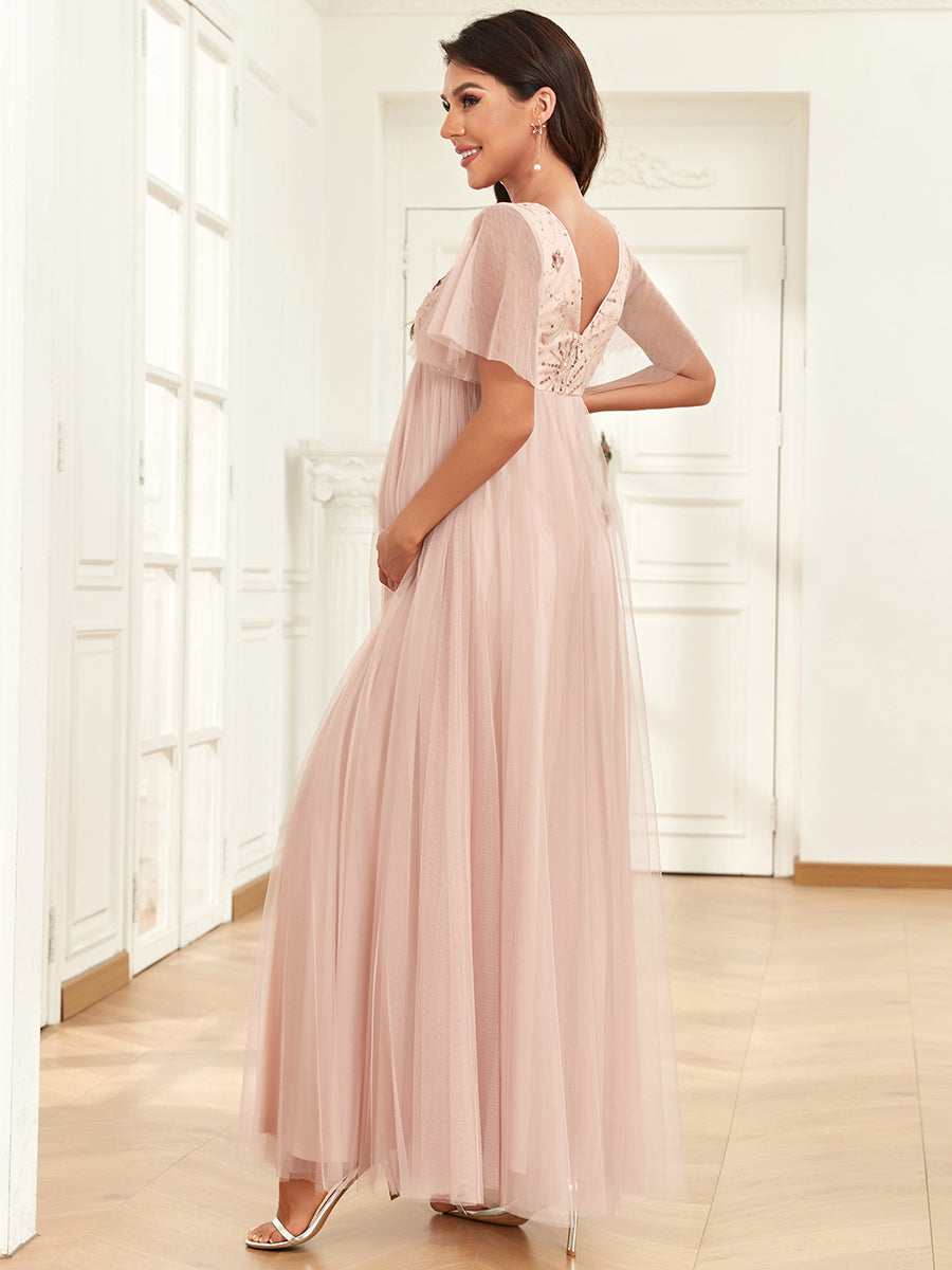 Color=Rose Gold | Deep V Neck See Through Ruffles Sleeves Wholesale Maternity Dresses-Rose Gold 2