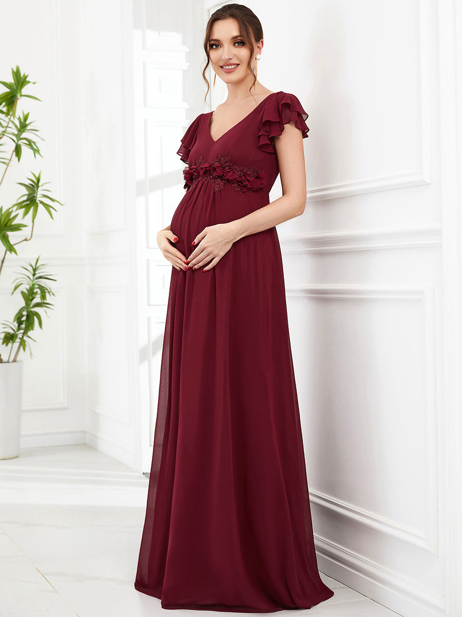 Color=Burgundy | Deep V Neck Short Ruffles Sleeves A Line Wholesale Maternity Dresses-Burgundy 1