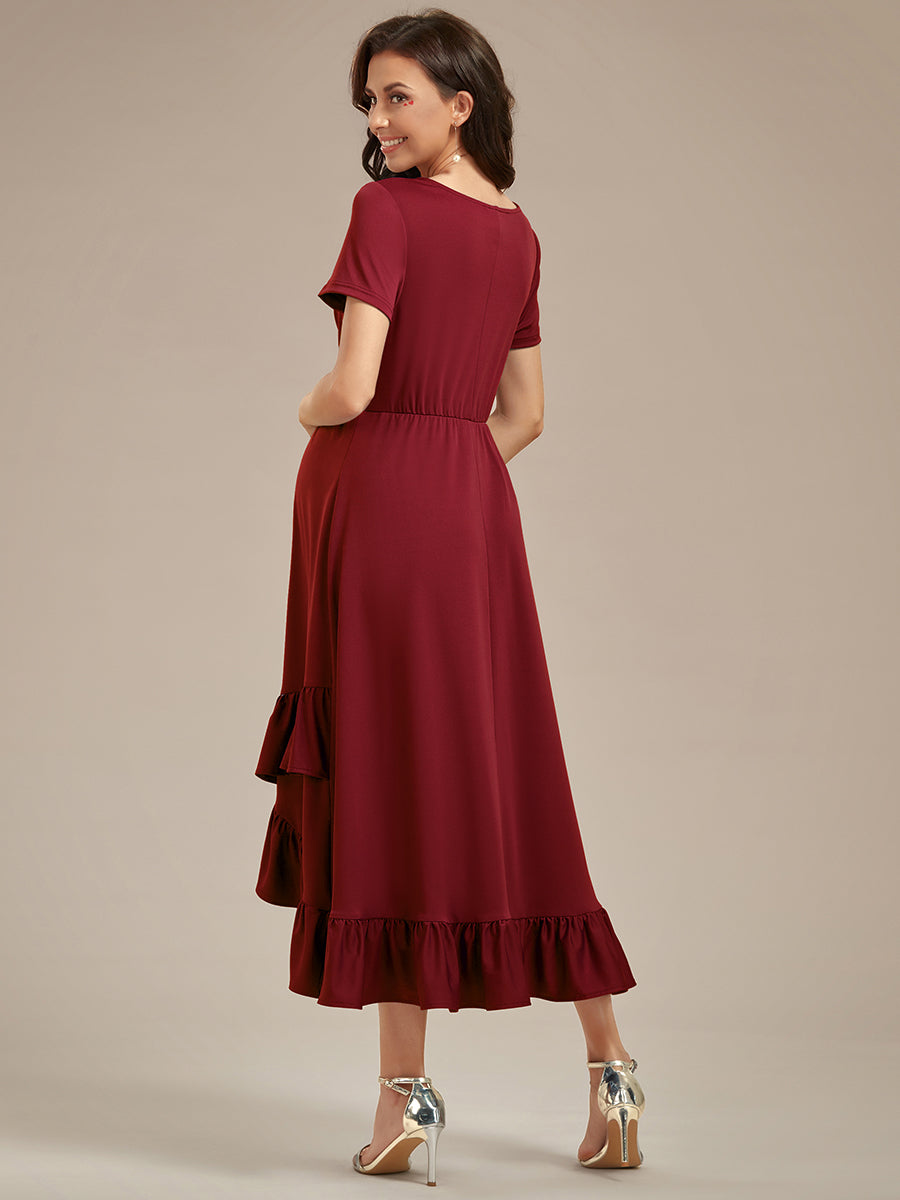Color=Burgundy | High Low Ruffles Wholesale Maternity Dresses-Burgundy 2