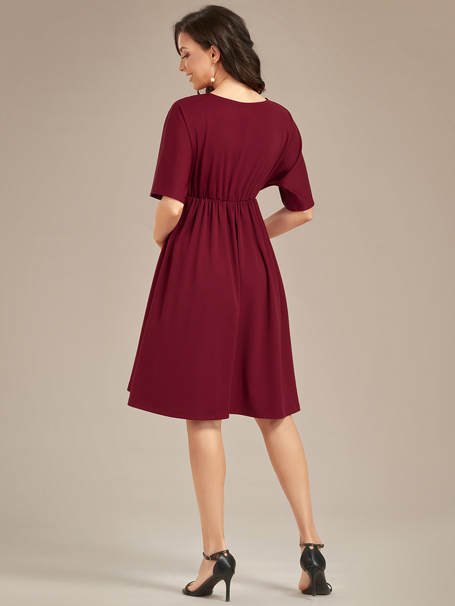 Color=Burgundy | V Neck Short Pleated Wholesale Maternity Dresses-Burgundy 3
