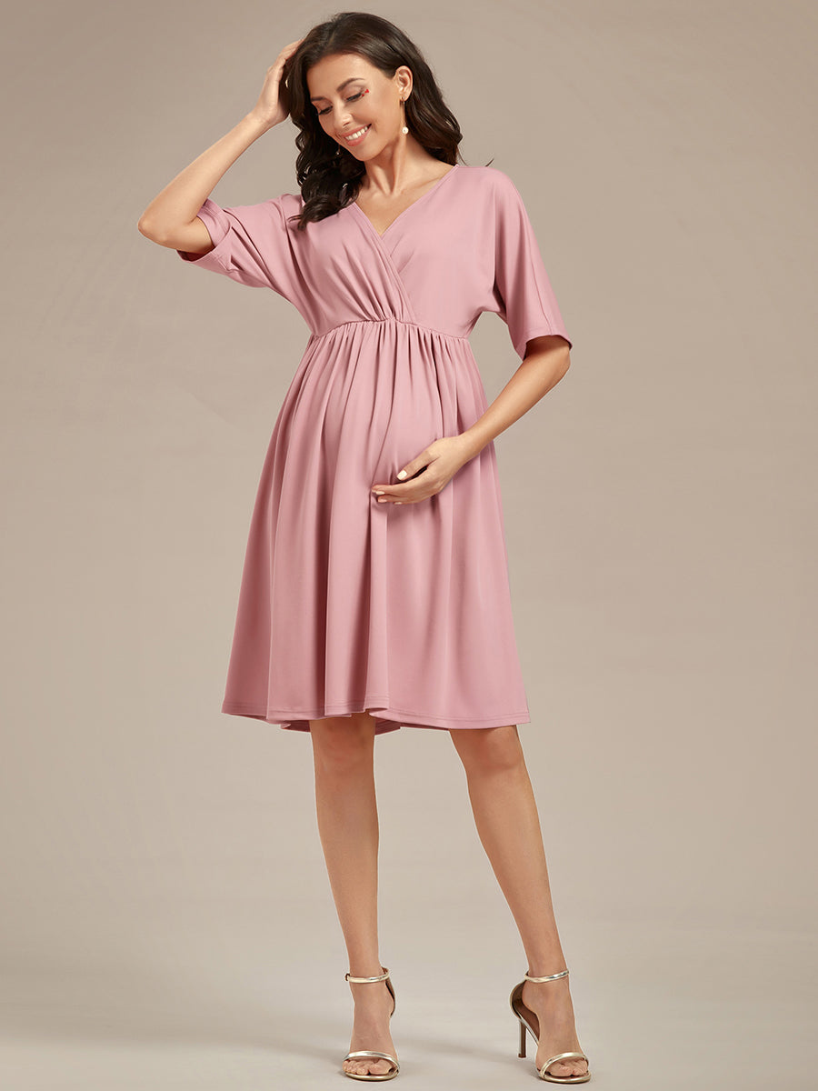 Color=Burgundy | V Neck Short Pleated Wholesale Maternity Dresses-Burgundy 6