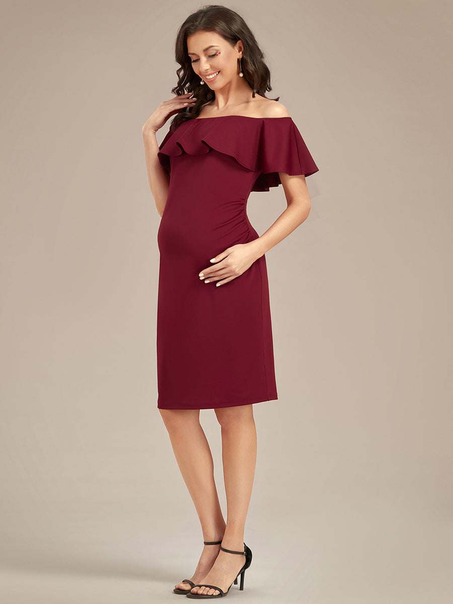 Color=Burgundy | Off Shoulder Ruffles Wholesale Maternity Dresses-Burgundy 2
