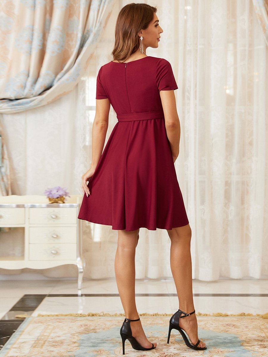 Color=Burgundy | Knee-Length Deep V-neck Dress for Pregnant Women-Burgundy 2