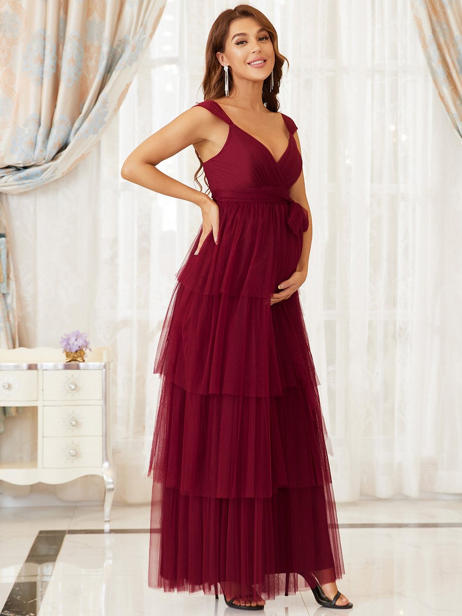 Color=Burgundy | Sleeveless Layered Dress for Pregnant Women-Burgundy 3