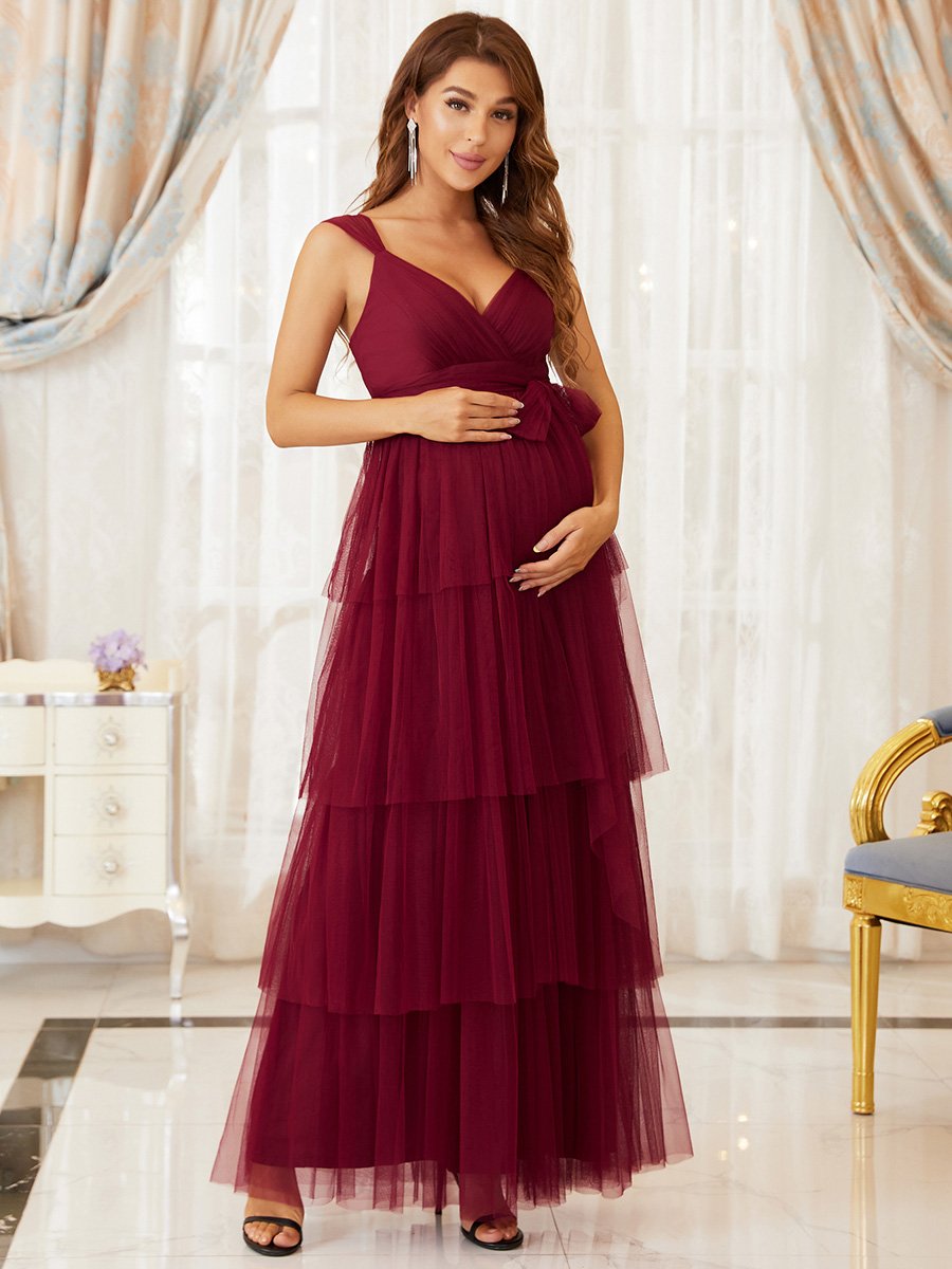 Color=Burgundy | Sleeveless Layered Dress for Pregnant Women-Burgundy 4