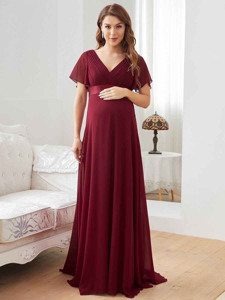 Color=Burgundy | Cute and Adorable Deep V-neck Dress for Pregnant Women-Burgundy 4