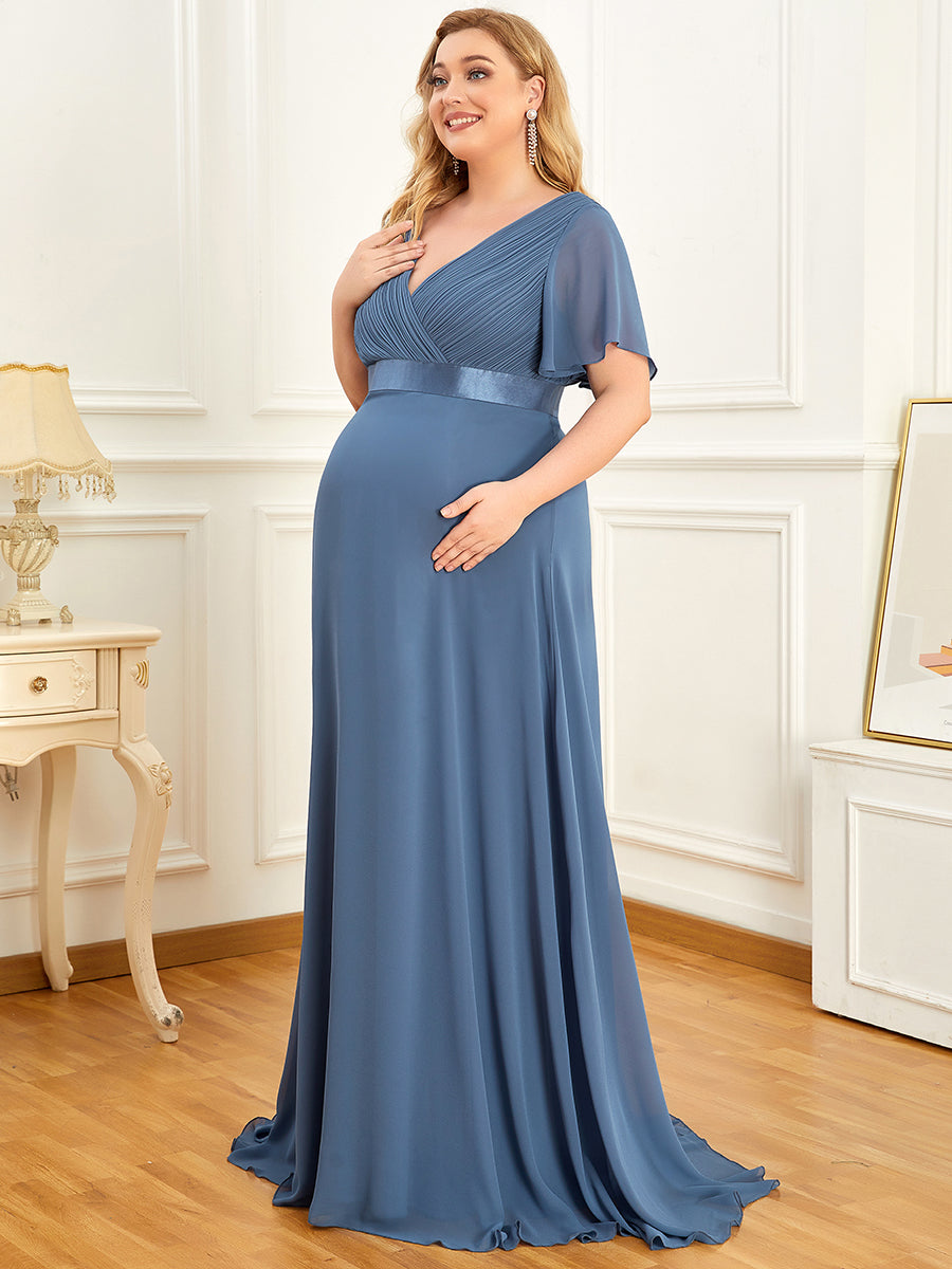Color=Dusty Blue | Plus Size Cute and Adorable Deep V-neck Dress for Pregnant Women-Dusty Blue 2