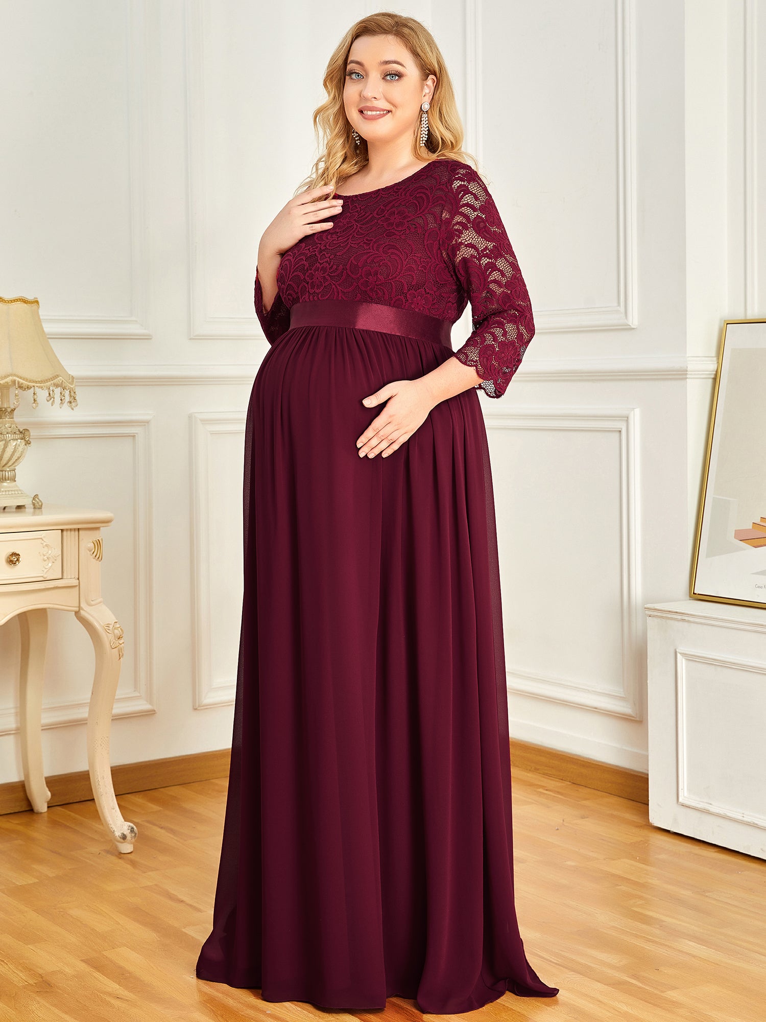 Color=Burgundy | Round Neck A-Line Floor-Length Wholesale Maternity Dresses-Burgundy 4