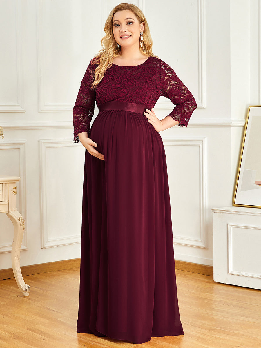 Color=Burgundy | Round Neck A-Line Floor-Length Wholesale Maternity Dresses-Burgundy 1