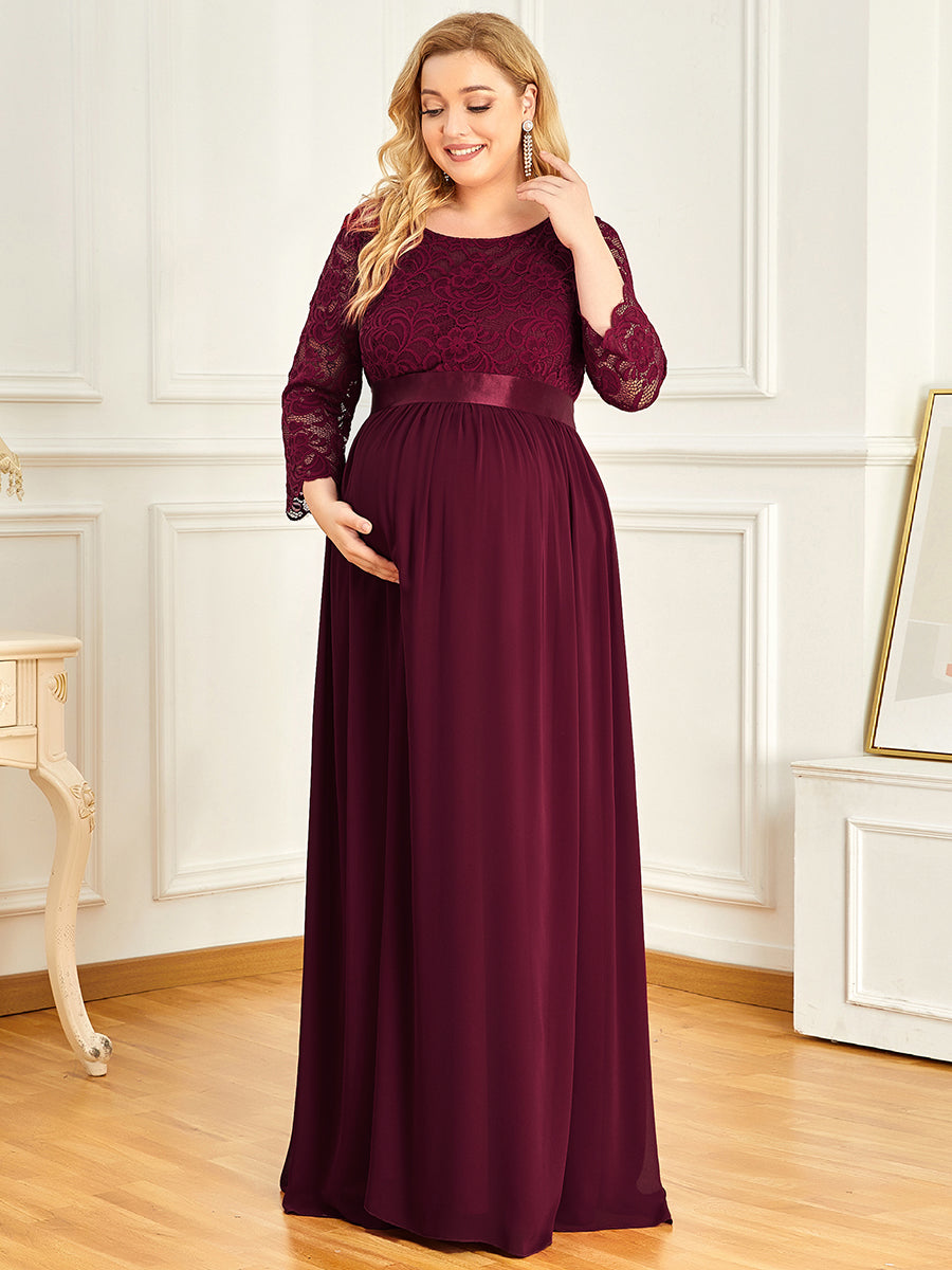 Color=Burgundy | Round Neck A-Line Floor-Length Wholesale Maternity Dresses-Burgundy 2